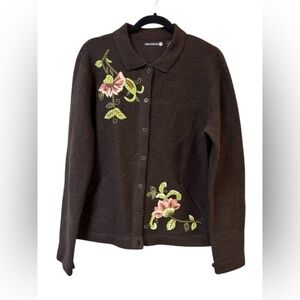 Sweaterworks Brown 100% Wool Floral Embroidered Cardigan Sweater Women’s Size XL